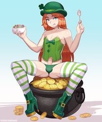 1boy bdone bowl bowtie bustier cereal corset drooling erect_penis european_mythology femboy food four_leaf_clover gold_coin green_boots green_eyes green_hat green_panties high_heel_boots high_heels irish_mythology leprechaun licking_lips long_hair lucky_(lucky_charms) lucky_charms male male_only monster_femboy mythology panties penis penis_out_of_underwear pot_of_gold public_domain red_hair solo spoon striped_thighhighs trap