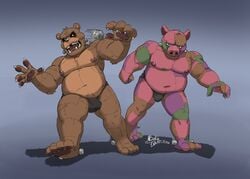 2020 2boys abs angry anthro areola barazoku barefoot biceps blue_eyes bolts brown_body brown_fur brown_skin bubba_(fnaf) bulge chubby_anthro chubby_male claws clothed clothing dilated_pupils domestic_pig duo fangs fist five_nights_at_freddy's five_nights_at_freddy's_world foot_bolts fur green_body green_skin hi_res inkart_flow jockstrap looking_at_viewer male male_only mammal manly mostly_nude multicolored_body multicolored_fur multicolored_skin muscular navel neck_bolts nipples open_mouth patch_(fabric) pawpads paws pecs pig_nose pink_body pink_skin pink_tongue porkpatch_(fnaf) purple_body purple_skin raised_arm round_ears sharp_claws sharp_teeth slightly_chubby suid suina sus_(pig) teeth thick_thighs toe_claws tongue triceps two_tone_body two_tone_fur underwear ursid video_games walking walking_towards_viewer wind-up_key yellow_eyes