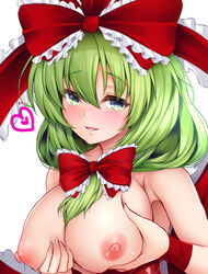 aqua_eyes bangs breasts eyebrows_visible_through_hair female frilled_ribbon frills front_ponytail grabbing_own_breast green_hair hair_between_eyes heart kagiyama_hina koza900 large_breasts long_hair looking_at_viewer nipples red_ribbon ribbon shawl simple_background smile solo touhou upper_body white_background