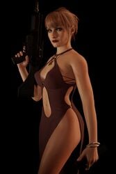 3d activision blue_eyes call_of_duty call_of_duty_black_ops_cold_war dress emberstock female female_only holding_weapon light-skinned_female light_skin red_hair side_slit solo weapon yirina_portnova