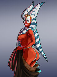 1girls alien areola breasts brown_eyes butt cloak female jedi knohphiltur lekku looking_at_viewer nipples nude nude_female red_skin shaak_ti solo solo_female star_wars togruta