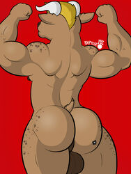 animal_humanoid anthro ass balls big_balls big_butt big_muscles bovid bovine bovine_balls cattle flexing fur genitals hi_res huge_balls huge_butt humanoid male male/male mammal mammal_humanoid muscular muscular_anthro muscular_male nipples pose raptorart simple_background solo standing