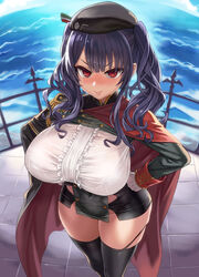 asanagi azur_lane big_breasts blush bra bra_visible_through_clothes curvy fully_clothed hand_on_hip huge_breasts looking_at_viewer looking_up microskirt military_hat military_uniform miniskirt no_panties pola_(azur_lane) purple_hair red_eyes see-through thick_thighs thighhighs tight_clothing twintails