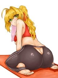 ass_cleavage big_ass big_breasts big_butt blonde_hair butt_crack fat_ass fate/extra fate/grand_order fate_(series) green_eyes huge_ass huge_butt kneeling looking_at_viewer looking_back nero_claudius_(fate) steaming_tofu steamingtofu tank_top wariza workout_clothes yoga_pants