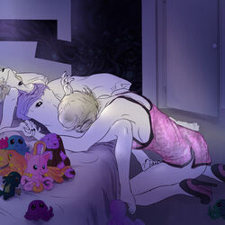 2girls black_lipstick blonde_hair bottomless cunnilingus high_heels homestuck incest kneeling lipstick_mark mother_and_daughter ms._lalonde multiple_girls on_bed oral rose_lalonde shirt_lift themorbidoptimist yuri