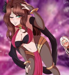 1girls 2girls alternate_costume bare_midriff black_nails blush bodystocking brown_hair cleavage dancer dorothea_arnault dorothea_arnault_(plegian) edelgard_von_hresvelg fire_emblem fire_emblem:_three_houses fire_emblem_heroes glazinbuns green_eyes harem_outfit large_breasts leaning_forward lips long_hair looking_at_viewer nail_polish nintendo nosebleed o_o one_eye_closed smile solo_focus wink