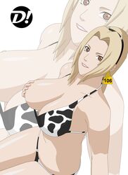 1girls animal_print areolae barefoot big_breasts bikini blonde_hair breast_grab brown_eyes cow_girl cow_print cow_print_bikini doo! facial_mark fake_horns female female_only forehead_mark grabbing_own_breast hairband horns huge_breasts label large_breasts lipstick long_hair looking_at_viewer makeup midriff naruto naruto_(series) naruto_shippuden nipples one_breast_out parted_lips reflection smile swimsuit teeth tsunade zoom_layer