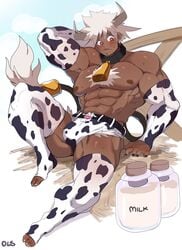 1boy beefy blush clark_(lightsource) cow_boy cow_horns cow_print cow_print_gloves cow_print_thighhighs cow_tail cowbell dark-skinned_male dark_skin embarrassed gay highres lightsource male male_only milk milk_bottle muscles muscular muscular_male original penis_bulge red_eyes shorts six_pack solo solo_male white_hair