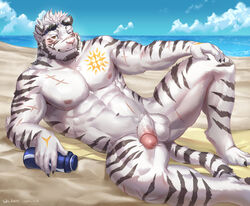 2021 abs anthro arm_support balls beach biceps black_stripes blush bulge claws cloud eyewear felid finger_claws flaccid fur genitals goggles goggles_on_head grin hair looking_at_viewer lying male mammal muscular muscular_anthro muscular_male nipples nude on_ground on_side one_eye_closed open_mouth orange_eyes outside pantherine pecs penis pinup pose pubes quads sand scar sea seaside sharp_teeth smile solo striped_body striped_fur stripes taki_kaze tattoo teeth tiger toe_claws triceps vein veiny_penis water water_bottle white_body white_fur white_hair wink winking_at_viewer