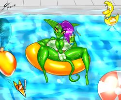 absurd_res clothing female goblin goblin_female green_body green_skin hair hi_res humanoid peewee pool_toy purple_hair saliant solo spread_legs spreading translucent translucent_clothing yellow_eyes