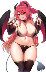 1girls bare_shoulders demon_horns demon_tail demon_wings female female_only looking_at_viewer original original_character pink_eyes ponytail red_hair slightly_chubby solo stripping succubus suruga_(xsurugax) thick_thighs thighhighs wide_hips