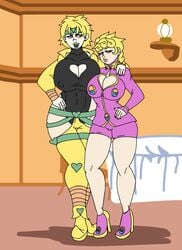 2girls age_difference b0nf1r3thelier blonde_hair breasts dio_brando duo female female_dio giorno_giovanna green_lips green_lipstick human humanoid jojo's_bizarre_adventure light-skinned_female light_skin lipstick long_hair milf mother mother_and_daughter nipple_bulge nipples_visible_through_clothing rule_63 short_hair shounen_jump size_difference stardust_crusaders tagme vampire vento_aureo villainess