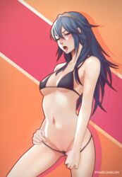 1girls 2d alternate_costume artist_name bikini blue_eyes blue_hair blushing bra clavicle female female_only fire_emblem fire_emblem_awakening hair_ornament light-skinned_female light_skin looking_at_viewer lucina_(fire_emblem) naughty_face navel nintendo pale-skinned_female pale_skin panties panty_pull pointing_at_pussy pomelomelon pulling_panties pussy shaved_pussy simple_background small_breasts solo suggestive suggestive_look swimsuit tiara tongue tongue_out uncensored watermark