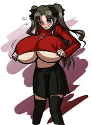 1girls breasts brown_hair fate/stay_night fate_(series) huge_breasts large_breasts matsu-sensei solo solo_female sweater tohsaka_rin top_heavy twintails type-moon underboob