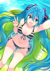 bikini blue_eyes blue_hair buoy hair_ornament hair_ribbon hatsune_miku looking_at_viewer pool_toy smiling striped_bikini suruga_(xsurugax) v vocaloid water