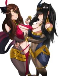 2girls alternate_costume bare_midriff bare_shoulders black_hair bodystocking breast_grab brown_eyes brown_hair cleavage dorothea_arnault dorothea_arnault_(plegian) female_only fire_emblem fire_emblem:_three_houses fire_emblem_awakening fire_emblem_heroes green_eyes large_breasts long_hair nintendo okaimikey one_eye_closed simple_background smile tharja_(fire_emblem) tharja_(plegian)_(fire_emblem) white_background wink