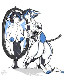 1:1 absurd_res android anthro anus ass black_body black_hair blue_eyes blue_hair blue_nipples blue_pussy bovid breasts caprine dirtyscoundrel female fur genitals goat hair hi_res horn kneeling lm-25 machine mammal mecha mirror nipples nude pussy rear_view reflection robot simple_background solo transformation white_body wire