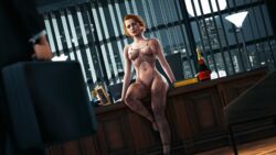 1boy 1girls 3d batman:_arkham_knight batman_(series) breasts champagne dc dc_comics female female_focus hbnoob hi_res husband_and_wife imminent_sex indoors martha_wayne martha_wayne_(arkham_knight) nipples office red_hair seducing see-through see-through_clothing shaved_pussy short_hair smile straight table teasing thomas_wayne unseen_male_face