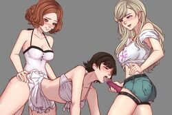 3girls ann_takamaki atlus big_breasts blonde_hair blush breasts brown_hair cleavage dildo doggy_style erect_nipples female female_only haru_okumura litoldebil long_hair makoto_niijima miniskirt multiple_girls nipples nipples_visible_through_clothing oral persona persona_5 persona_5_scramble:_the_phantom_strikers saliva short_hair shorts skirt spitroast strap-on strap-on_fellatio strap-on_over_clothes yuri