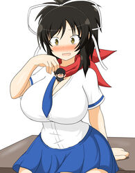 asuka_(senran_kagura) big_breasts black_hair brown_eyes brown_hair cleavage fully_clothed giantess hair_ribbon huge_breasts scarf school_uniform schoolgirl senran_kagura senran_kagura_(series) soulkibble