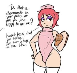 androgynous bare_shoulders bulge crossdressing dunnhierdraws english_text femboy girly half-closed_eyes hand_on_hip leotard looking_at_viewer makeup nurse nurse_cap nurse_uniform pink_hair pink_leotard red_hair sissy text thighhighs tight_clothing trap white_thighhighs wide_hips