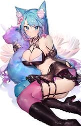 1girls artist_request ass blue_eyes blue_hair blue_nails boots breasts cat_ears cat_tail catgirl choker flower_in_hair flowers high_heel_boots indie_virtual_youtuber looking_at_viewer multicolored_nail_polish nail_polish pink_hair pink_nails rainbow_hair silvervale solo thighhighs virtual_youtuber vshojo