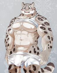 1boy 2021 anthro balls barazoku bulge clothing felid genitals hi_res humanoid_genitalia humanoid_hands humanoid_penis kemono kumao male male_only mammal muscular muscular_male nipples pantherine pecs penis shirt snow_leopard solo topwear underwear white_underwear