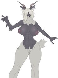 anthro audunor big_breasts bovid breasts caprine caprine_demon claws dark_body demon female fur genitals goat grin hair hair_over_eyes hi_res horn huge_breasts inverted_nipples mammal nipples pussy short_tail smile solo teeth white_body white_fur white_hair