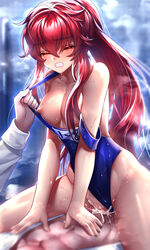 1boy bangs been blue_swimsuit blush breasts censored clenched_teeth closed_eyes collarbone cowgirl_position crying cum cum_in_pussy dress_shirt drooling elesis_(elsword) elsword eyebrows_visible_through_hair female hair_between_eyes highleg highleg_swimsuit highres long_hair long_sleeves medium_breasts mosaic_censoring nipples off_shoulder one-piece_swimsuit open_clothes open_shirt ponytail red_hair sex shiny shiny_hair shirt straddling straight swimsuit swimsuit_aside swimsuit_pull teeth vaginal_penetration very_long_hair white_shirt