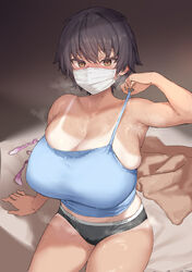 absurdres adjusting_clothes after_sex armpits bangs black_hair black_panties blue_tank_top blush breasts brown_eyes cleavage clothes_writing condom eyebrows_visible_through_hair female hair_between_eyes highres huge_breasts looking_at_viewer mask mdoctkscb mouth_mask multiple_condoms off_shoulder one-piece_tan original panties short_hair simple_background sitting solo steam sweat sweat_stain tan tank_top tanline underwear used_condom very_short_hair