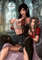 2girls aerith_gainsborough bare_midriff big_breasts black_hair black_skirt braided_ponytail breasts brown_hair busty chair covered_penetration crop_top dildo dress earrings female female_focus female_only final_fantasy final_fantasy_vii fingerless_gloves gloves green_eyes hairbow hand_on_breast hourglass_figure jacket large_breasts lesbian long_hair looking_at_viewer midriff miniskirt multiple_girls navel nipples overall_skirt pink_dress ponytail pussy_juice pussy_juice_drip pussy_juice_puddle pussy_juice_trail qualonhive red_eyes red_jacket sex sex_under_skirt sitting_on_chair sitting_on_lap skirt square_enix strap-on strapon tagme thighhighs tifa_lockhart torn_clothes torn_thighhighs white_crop_top wide_hips yuri