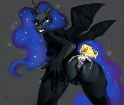 2021 5_fingers anal anal_vore anthro anus dark_persona daybreaker_(mlp) duo equid eyelashes female female_pred female_prey fingers friendship_is_magic genitals grin hasbro horn looking_back mammal micro my_little_pony nightmare_moon_(mlp) novaray nude princess_celestia_(mlp) princess_luna_(mlp) pussy rear_view simple_background smile vore wings