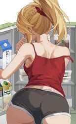 1girls ass back bare_shoulders blonde_hair braid breasts camisole carton fate/apocrypha fate_(series) female female_only french_braid from_behind grey_shorts hair_ornament hair_scrunchie highres long_hair mordred_(fate) ponytail red_camisole refrigerator scrunchie short_shorts shorts sidelocks small_breasts solo solo_female tonee