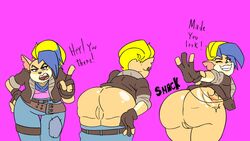 16:9 2021 activision anthro ass bandicoot big_butt blonde_hair blue_hair butt_slap clothed clothing crash_(series) female genitals hair hi_res jacket jones_boi jonesbo50034805 mammal marsupial mohawk mooning multicolored_hair pants_down pants_pull partially_clothed pink_background pirate_tawna pussy rear_view simple_background slap solo tawna_bandicoot tawna_bandicoot_(crash_4) topwear video_games widescreen