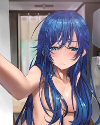 blue_hair breasts eyebrows_visible_through_hair female highres jaku-chara_tomozaki-kun long_hair looking_at_viewer minami_nanami nude turtler21