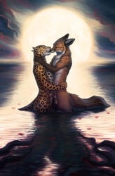 2021 anthro canid canine couple_(disambiguation) day detailed_background digital_media_(artwork) duo embrace felid flower_petals fox fur hi_res hibbary jaguar kissing love male male/male mammal orange_body orange_fur outside pantherine partially_submerged passionate petals romantic_ambiance romantic_couple sea spots spotted_body spotted_fur water white_body white_fur yellow_body yellow_fur