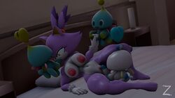 3d anthro blaze_the_cat breasts chao_(sonic) fellatio female gloves group group_sex handjob hero_chao lying male male/female navel nipples open_mouth penis purple_body pussy sex smile sonic_(series) straight thick_thighs vaginal_penetration white_body zeniix98