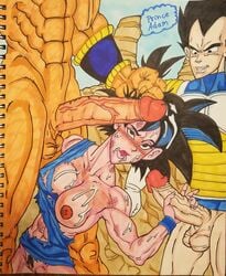 1girls beat_up beaten big_penis cum_in_mouth cum_on_breasts cum_on_face cum_on_hair cum_on_upper_body dragon_ball dragon_ball_z female female_goku gangbang gangrape hair_grab mfm muscular_female nappa outside princeadam rape rule_63 saiyan son_goku traditional_media_(artwork) vegeta