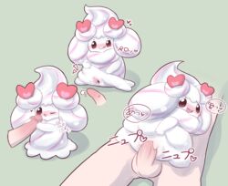 absurd_res alcremie balls blush censored duo female food food_creature genitals heart hi_res human humanoid interspecies male male/female mammal nintendo not_furry open_mouth penetration penis poi_(artist) pokémon_(species) poképhilia pokemon pussy sex simple_background vaginal_penetration vaginal_penetration video_games