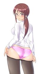 brown_hair glasses idolmaster mifune_miyu pantyhose pink_panties white_shirt