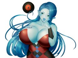 big_breasts blue_hair blue_skin blue_tongue cleavage clothing dragon_quest dragon_quest_viii dress fangs female hand_on_breast huge_breasts large_breasts long_hair pointy_ears redthread821 solo witch_lady_(dq8)