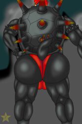 2021 absurd_res anthro anthro_only ass balls bara barazoku big_balls big_butt black_body bowser bowser's_fury bubble_butt clothing digital_media_(artwork) fury_bowser genitals hi_res huge_balls huge_butt hyper koopa kris_the_shapeshifting_derg looking_at_viewer looking_back male male_only mario_(series) muscular muscular_anthro muscular_male nintendo nude scalie simple_background solo super_mario_3d_world thong underwear video_games