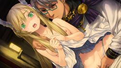 1boy 1girls age_difference aqua-framed_eyewear bangs bare_shoulders bed_sheet blonde_hair blush breasts censored closed_eyes clothes_lift collarbone dress dubious_consent dutch_angle embarrassed female fingering fingering_pussy game_cg glasses green_eyes hair_between_eyes hairless_pussy hand_on_another's_shoulder indoors lifted_by_self long_dress long_hair long_sleeves mosaic_censoring nipples official_art open_mouth orion_(orionproject) panties panties_around_leg panties_aside pussy pussy_juice pussy_juice_on_fingers questionable_consent rance_(series) rance_ix rectangular_eyewear scared sheila_helman short_hair shy silver_hair skirt skirt_lift small_breasts stessel_romanov straight topless underwear vaginal_fingering vaginal_juices very_long_hair white_panties white_skirt young younger_female