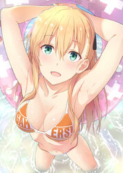 :d armpits arms_behind_head arms_up bikini blonde_hair blush breasts cleavage commentary_request eyebrows_visible_through_hair female foreshortening from_above gamers! green_eyes hair_between_eyes hair_ornament innertube kanden_suki long_hair looking_at_viewer looking_up medium_breasts navel open_mouth outdoors sidelocks smile solo standing swimsuit tendou_karen wading