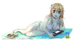 bikini blonde_hair blush breasts commentary_request electronics end_card eyebrows_visible_through_hair female flower game_console game_gear gamers! green_eyes hair_between_eyes hair_flower hair_ornament handheld_game_console highres long_hair looking_at_viewer medium_breasts playing_games sega shikidouji sitting solo string_bikini swimsuit tendou_karen