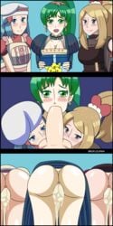 3girls ass bent_over big_ass big_butt blonde_hair blowjob blue_eyes blue_hair bottomless breasts cleavage clothed clothed_female collaborative_fellatio comic crossover cum cum_drip cum_in_pussy cum_inside cum_leaking dawn_(pokemon) fellatio female fire_emblem fire_emblem:_the_blazing_blade foursome fully_clothed gift green_eyes green_hair grey_eyes group_sex human large_ass lineup long_hair looking_at_viewer lyn_(fire_emblem) lyn_(valentine)_(fire_emblem) multiple_girls nintendo open_mouth oral overflow partially_clothed pokémon pokemon pokemon_dppt pokemon_xy ponytail roflolxp54 serena_(pokemon) short_hair smile sucking_testicles watermark