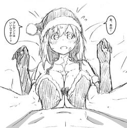 1boy blush breast_squeeze breasts cum cum_on_body cum_on_breasts cum_on_upper_body facial female hat highres large_breasts looking_at_viewer lying medium_hair monochrome on_back on_bed original paizuri paizuri_under_clothes pov santa_costume santa_hat speech_bubble syokopoko_(zurikichi) translation_request