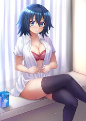 blue_eyes blue_hair blush bra breasts cleavage crossed_legs dress_shirt eyebrows_visible_through_hair female gamers! highres hoshinomori_chiaki indoors juice_box kazenokaze large_breasts legs_crossed looking_at_viewer milk no_pants open_clothes open_shirt shirt short_hair sitting solo thighhighs underwear undressing window