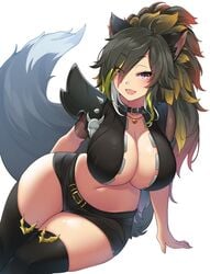 1girls black_hair cleavage collar female huge_breasts multicolored_hair navel open_mouth original pink_eyes ponytail shorts solo suruga_(xsurugax) tail thighhighs wide_hips wolf_ears wolf_tail