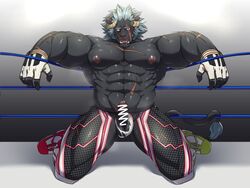 1boy aaassstaro abs anthro blush clothing erection fighting_ring genitals horn krampus_(tokyo_afterschool_summoners) male male_only monster muscular muscular_anthro muscular_male nipples pecs penis solo tokyo_afterschool_summoners torn_clothing tusks video_games